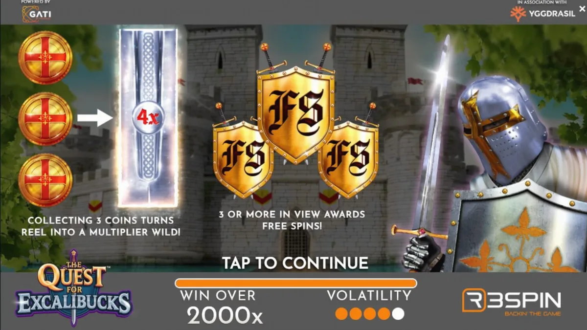 Tampilan visual slot The Quest for Excalibucks dengan tema ksatria dan pedang Excalibur